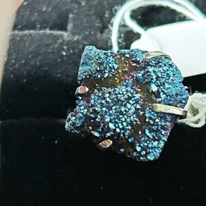 GEODE RING, GENUINE BLACK AGATE, REAL GEM CHUNK REALLY SPARKLES, WITH SILVER-TON